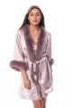 Satin robe with  fox fur decor in pink