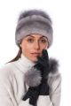 Wool gloves dark grey with blue silver fox fur pompoms