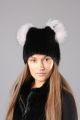 Knitted hat “Kitty” with mink/fox (black/silver blue)