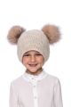 Baby size knitted beige wool hat with pompoms raccoon