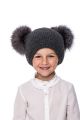 Baby size knitted dark grey wool hat with pompoms grey