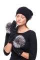 Black wool mittens with blue silver fox pompom