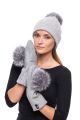 Grey wool mittens with blue silver fox pompom