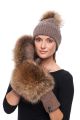 Set of  cashmere hat and wool gloves with pompom (brown)