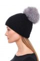 Knitted black wool hat with blue silverfox pompom