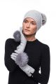 Set of wool gloves and cashmere hat natural fox fur with pompom in grey