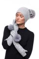 Long wool gloves with blue silver fox fur pompoms