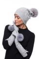 Set of wool gloves and cashmere hat with natural fox fur pompom in grey