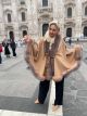 Wool and cashmere beige poncho with golden blue silver fox fur decor