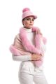 Wool double round shawl / scarf  with pink fox fur 