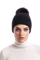 Knitted black wool hat with pompom black